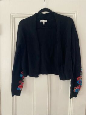 Neiman Marcus Black Cropped Cashmere Cardigan with Colorful Floral Sleeves